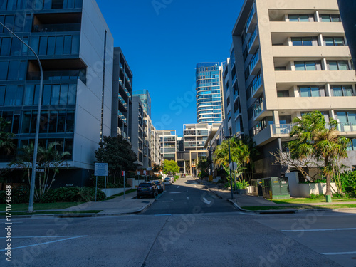Residential and commercial Apartment building in inner west Sydney suburb , Sydney NSW Australia. Newly built apartment building in Wentworth point with modern Green eco friendly design