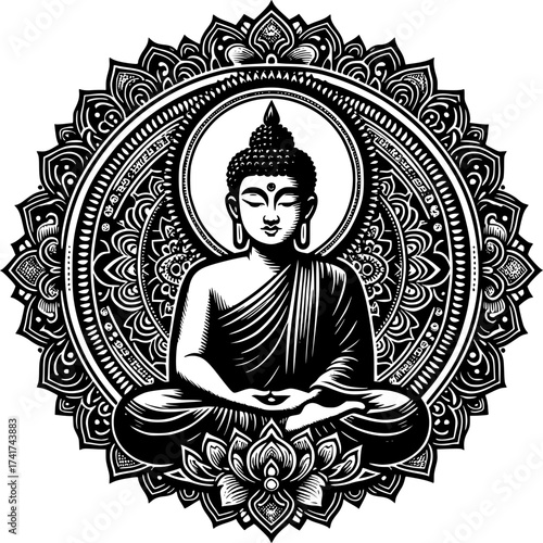Buddha meditating in lotus position with lotus flower symbolizing peace and spirituality