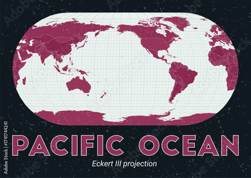 Pacific Ocean. World map. Eckert III projection centered to Pacific Ocean. Pale Mint Dark Pink palette. Vintage texture. Modern vector illustration.
