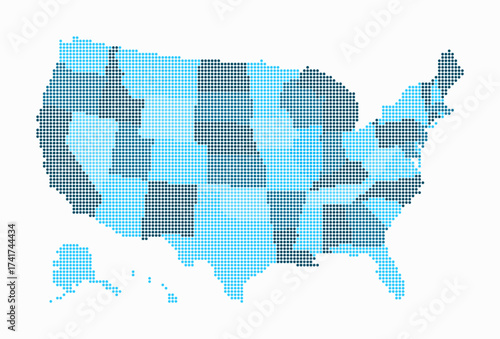 United States dotted map. Digital style map of the country on white background. United States shape with circle dots. Colored dots style. Small size circles. Trending vector illustration.