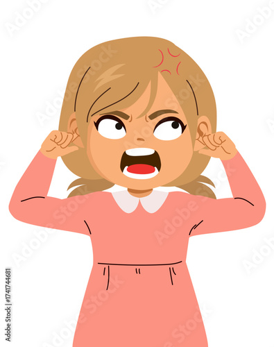 Cute cartoon vector of a baby girl with an angry expression covering her ears. Educational clip art for childcare, parenting and emotions