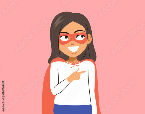 Empowering cartoon vector of a confident woman wearing a superhero cape and mask, pointing with determination. Motivational drawing for business or women’s empowerment designs