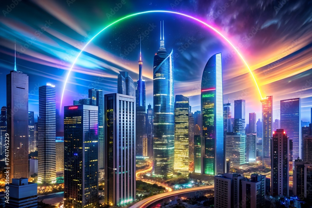 Fototapeta premium Vibrant futuristic cityscape at night illuminated by a glowing rainbow neon ring and streaks of colorful light