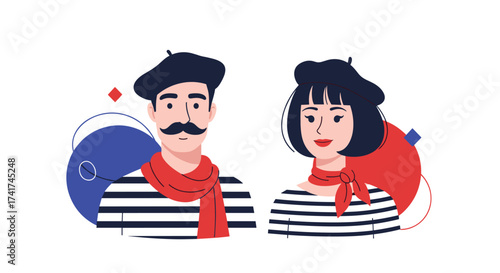 A charming french couple dressed in classic attire with berets and scarves.