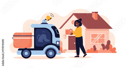 Autonomous delivery vehicle brings a package to a home receiving it from a person.