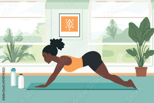 African woman doing push-ups on a yoga mat at home vector illustration