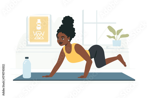 African woman doing push-ups on a yoga mat at home vector illustration