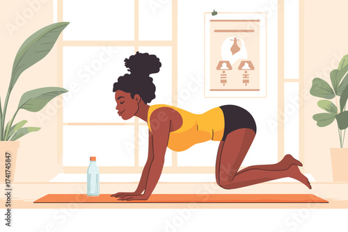 African woman doing push-ups on a yoga mat at home vector illustration