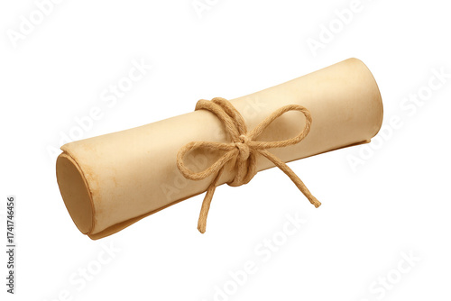 Rolled old parchment scroll tied with rope twine