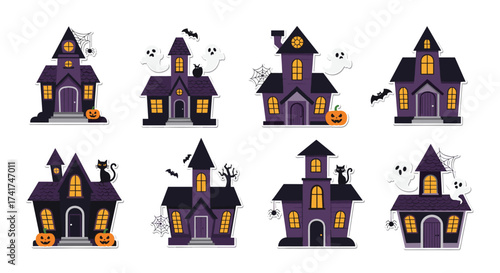 A collection of spooky haunted houses with pumpkins and bats for Halloween decorations.
