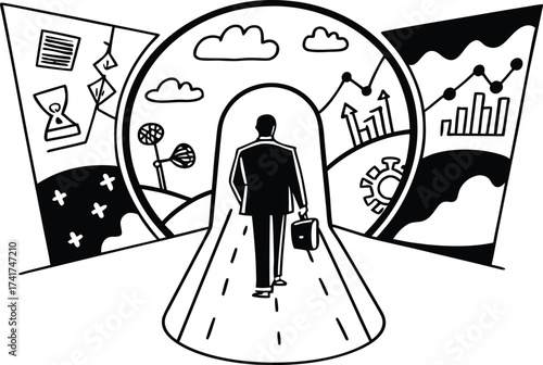 Surreal Business Journey Through Portal Line Drawing