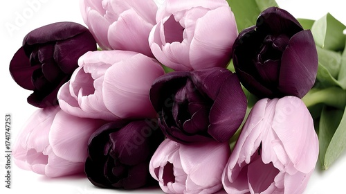 A stunning floral display showcasing a bouquet of elegant tulips in varying shades of purple and soft pink, arranged against a bright white background, creating a serene and sophisticated composition.