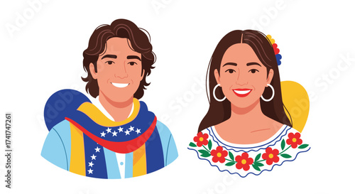 Illustration of a young man and woman dressed in traditional Venezuelan attire celebrating national pride.