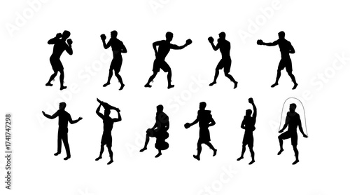 Set of dynamic boxer silhouette vectors in various boxing stances for fitness training, sports illustrations, and competitive fighting design concepts