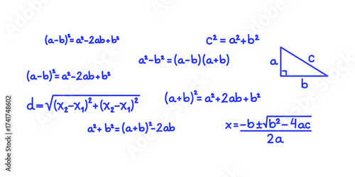 Vector collection of colorful crayon chalk-style math equations and formulas on blackboard background. Includes arithmetic, algebra, symbols, and educational design elements