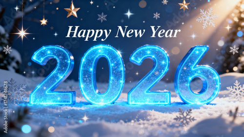 Happy New Year 2026 Celebration sparkling stars, snowflakes
