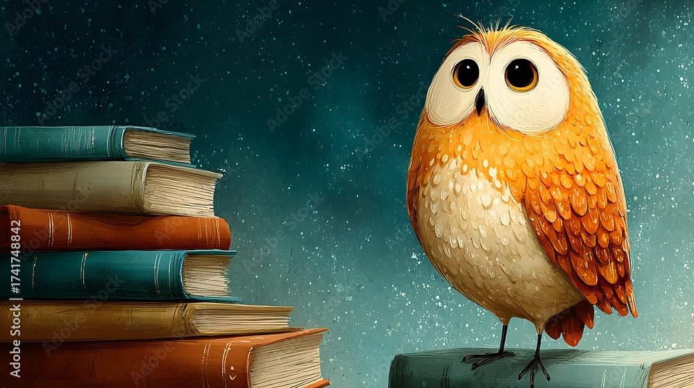 Fototapeta premium An endearing illustration features a curious owl perched atop a stack of books, set against a dreamy, star-speckled background.