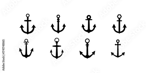Vector set of monochrome sea anchor icons in silhouette style. Includes nautical symbols, marine decorative art, vintage navy elements for ocean themed illustrations