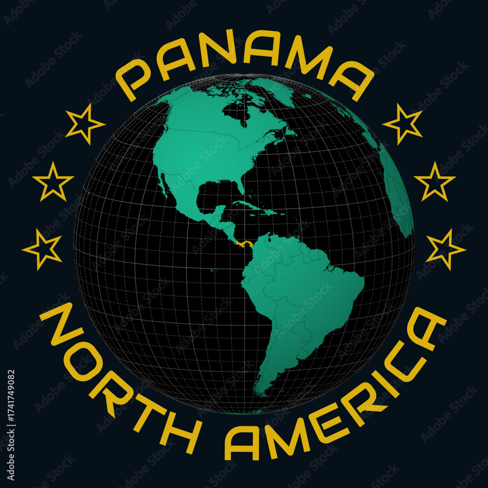 Obraz premium Republic of Panama on Globe. Round country and continent name text. Country view on world map in Black Emerald color palette. Panama shape on map. Stylish vector illustration.