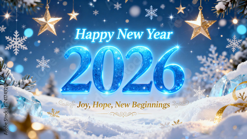 Happy New Year 2026 Celebration sparkling stars, snowflakes