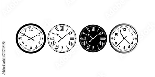 Vintage retro clocks and ornate watchfaces featuring Roman numerals, decorative borders, antique timepieces and classic elegant time design illustrations for history and nostalgia themes