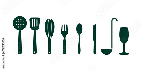 Collection of kitchen utensil silhouettes including cookware and tools. Vector icons for cooking, culinary preparation, food service and kitchenware design