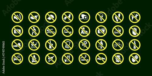 Set of vector prohibition signs with clear symbols for no entry, no pets, fire, sound, photos, eating, drones, and more. Ideal for safety, public space and regulation design