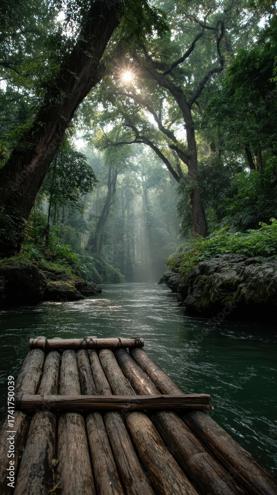 Obraz premium Serene Bamboo Raft on Tranquil River in Lush Green Forest Surrounded by Sunlight and Misty Fog, Perfect for Nature and Adventure Photography