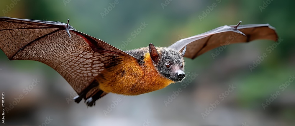 Obraz premium Majestic Bat in Flight Showcasing Detailed Wings and Expressive Face Against Natural Background with Smooth Bokeh Effect