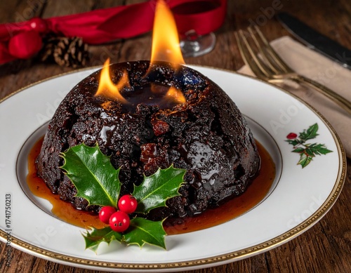 A flaming Christmas pudding garnished with holly and berries, served on a white plate with gold trim, against a rustic wooden background.
