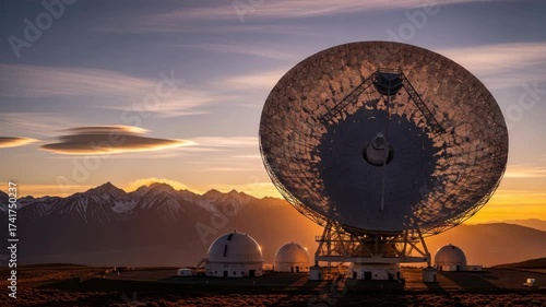 massive radio telescope stands against vibrant sunset over snow-capped mountains Lenticular clouds hover above while smaller domed observatories dot the golden-lit foreground