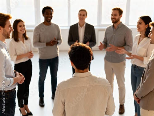 Diverse team in business-casual attire holds a stand-up meeting in a bright studio—collaboration, leadership and company culture.

