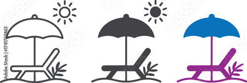 Beach vacation icon set lounge chair umbrella and sun vector design
