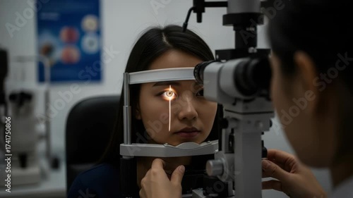 young Asian woman undergoes an eye examination with slit lamp machine visible light beam illuminating her eye as medical professional operates the equipment Clinical setting