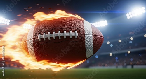 Flying football with flames in a stadium  