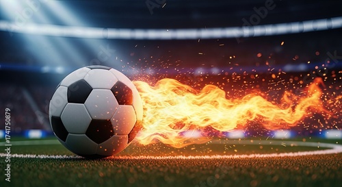 Soccer ball in motion with flames on the field  