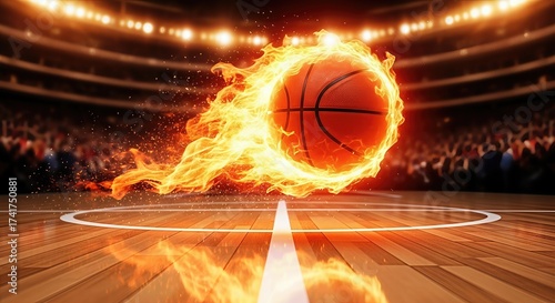 Flaming basketball soaring through an arena with cheering crowd  