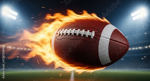 Flaming football soaring through a stadium under bright lights  