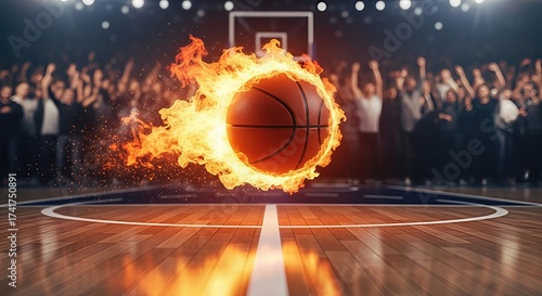 Flaming basketball in action with cheering crowd in the background  