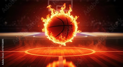 Flaming basketball soaring above the court background  