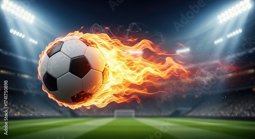 Flaming soccer ball in motion against a stadium background  