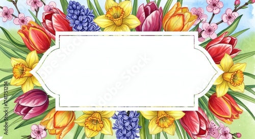 Wallpaper Mural Watercolor spring floral frame with tulips, daffodils, hyacinths and cherry blossoms isolated on white background Torontodigital.ca