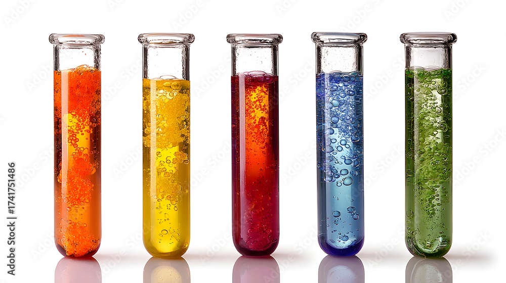 Fototapeta premium Five glass test tubes with colorful liquids create a vibrant visual, each containing different shades of orange, yellow, red, blue, and green with bubbles inside, set against a clean white background.