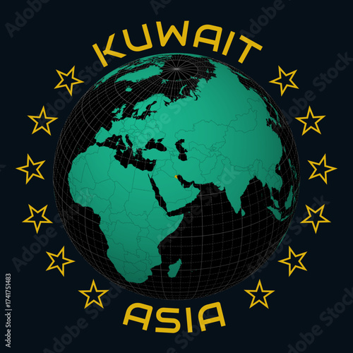 Kuwait on Globe. Round country and continent name text. Country view on world map in Black Emerald color palette. Kuwait shape on map. Alive vector illustration.