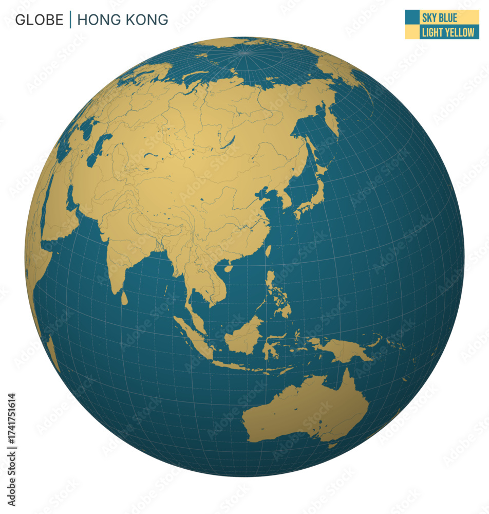 Fototapeta premium Vector Globe centered to Hong Kong. Sky Blue Light Yellow palette. World map with meridians, parallels, countries, rivers and lakes. Captivating vector illustration.