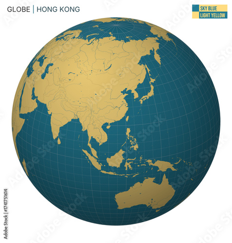 Vector Globe centered to Hong Kong. Sky Blue Light Yellow palette. World map with meridians, parallels, countries, rivers and lakes. Captivating vector illustration.