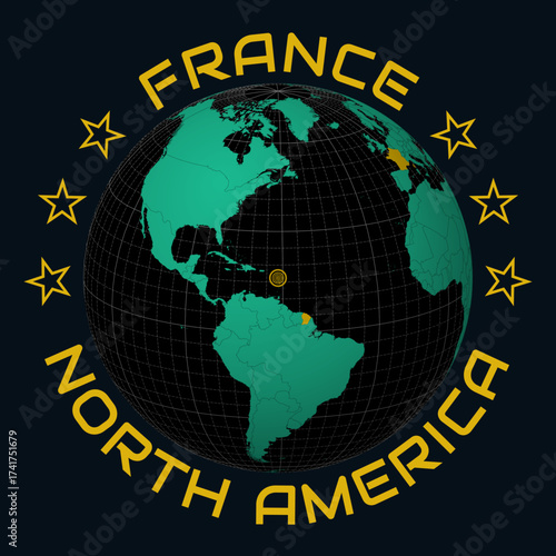 France on Globe. Round country and continent name text. Country view on world map in Black Emerald color palette. France shape on map. Classy vector illustration.