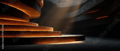 Stunning Abstract Interior with Dramatic Lighting and Textured Walls Featuring a Series of Circular Steps in a Dimly Lit Space