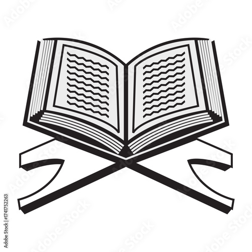 Black Quran book on stand icon, Islamic holy book symbol, religious illustration for Ramadan, prayer or Islamic education design