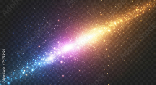 A vibrant trail of shimmering, colored stardust traverses the cosmos. capturing cosmic glow and brilliant sparks of light across a dark canvas. vector png illustration